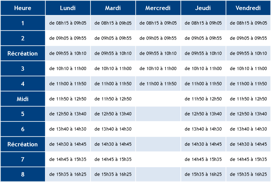 HORAIRES DES COURS COLLÈGE SAINTVINCENT